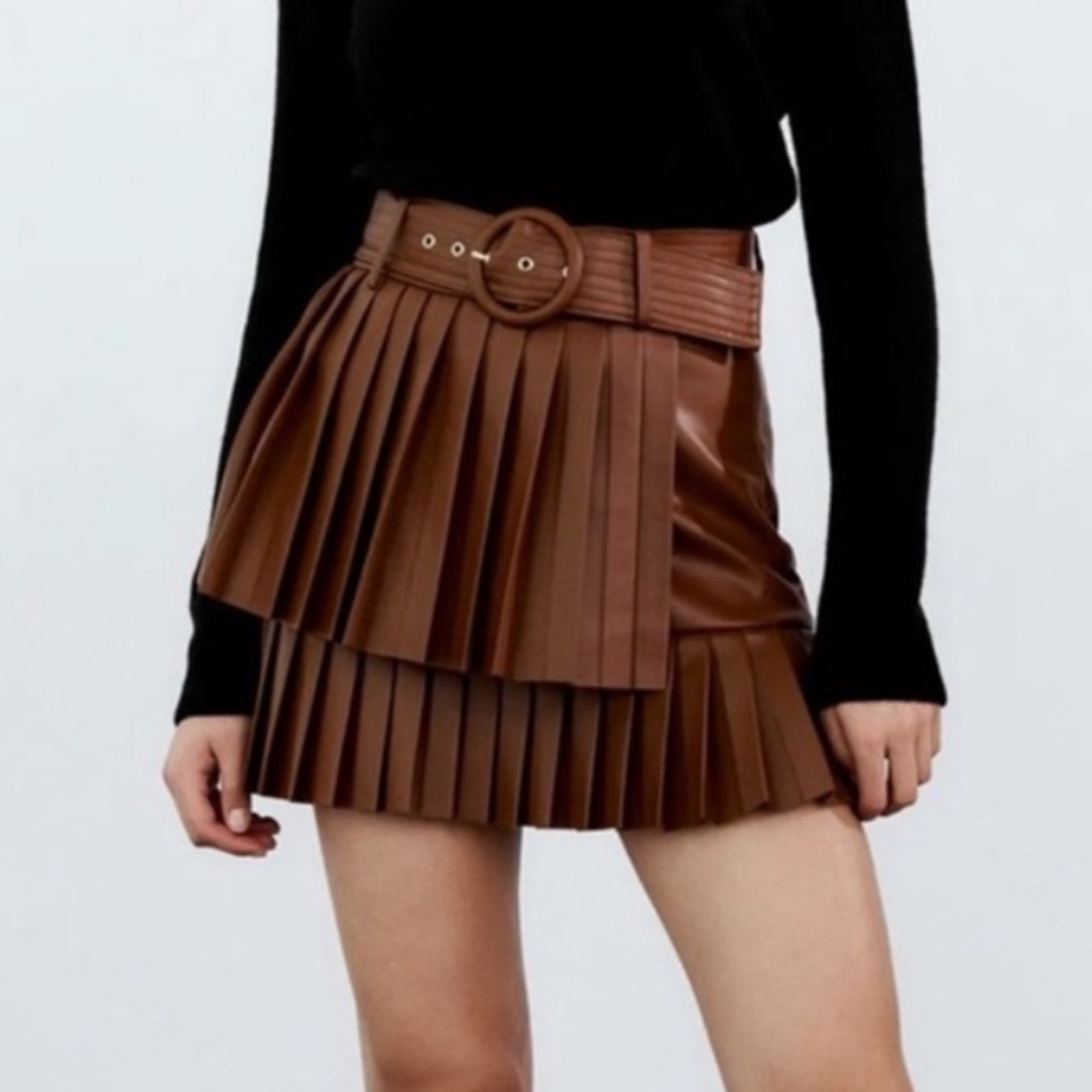 Zara Brown Asymmetrical Leather Mini Skirt